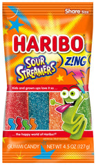 HARIBO sour streamers front of bag showing colorful strips and playful sour appeal