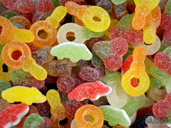 HARIBO Tangfastics close-up of sugar-coated gummies highlighting tangy texture and chew