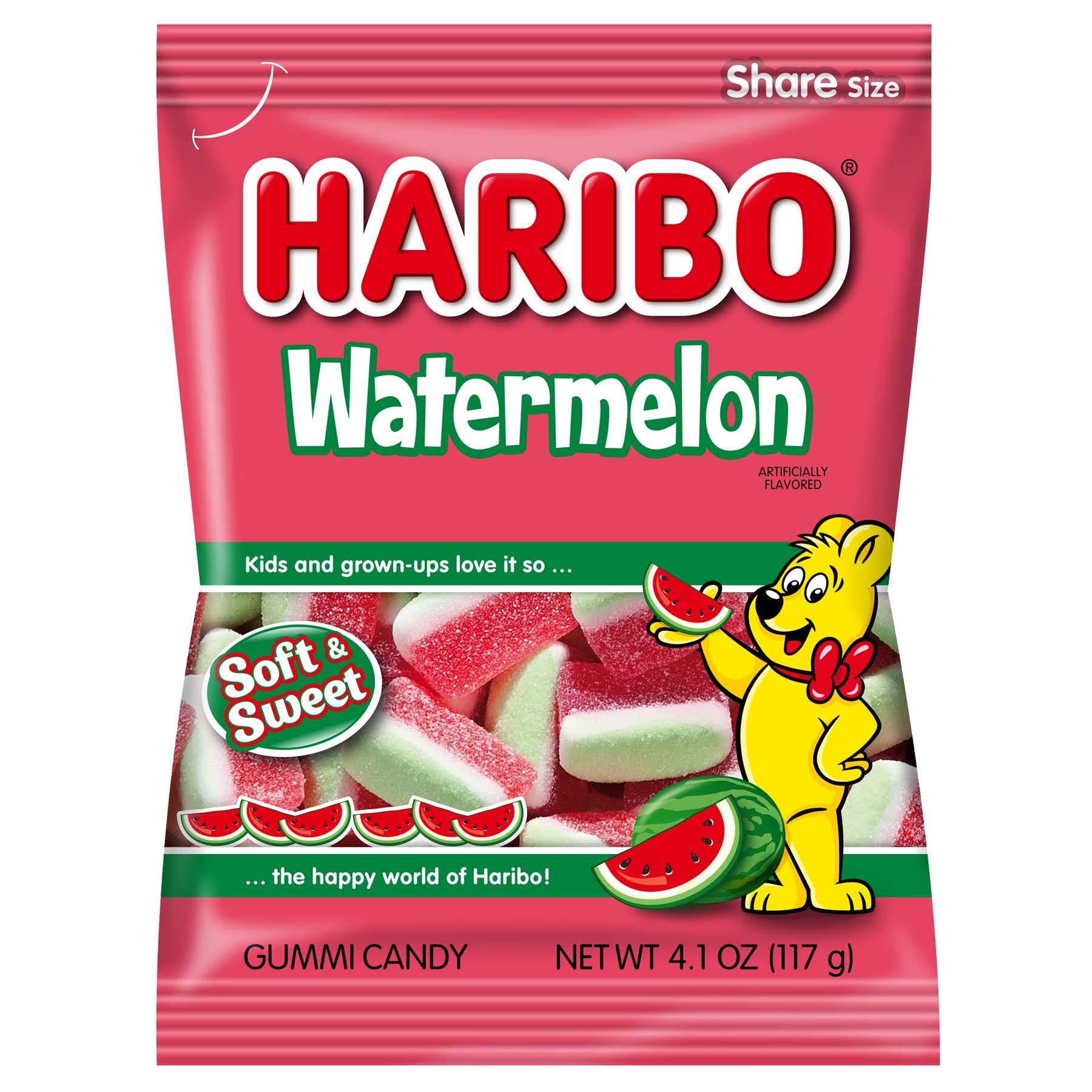 HARIBO bag front showing watermelon gummies and serving idea, invites sharing