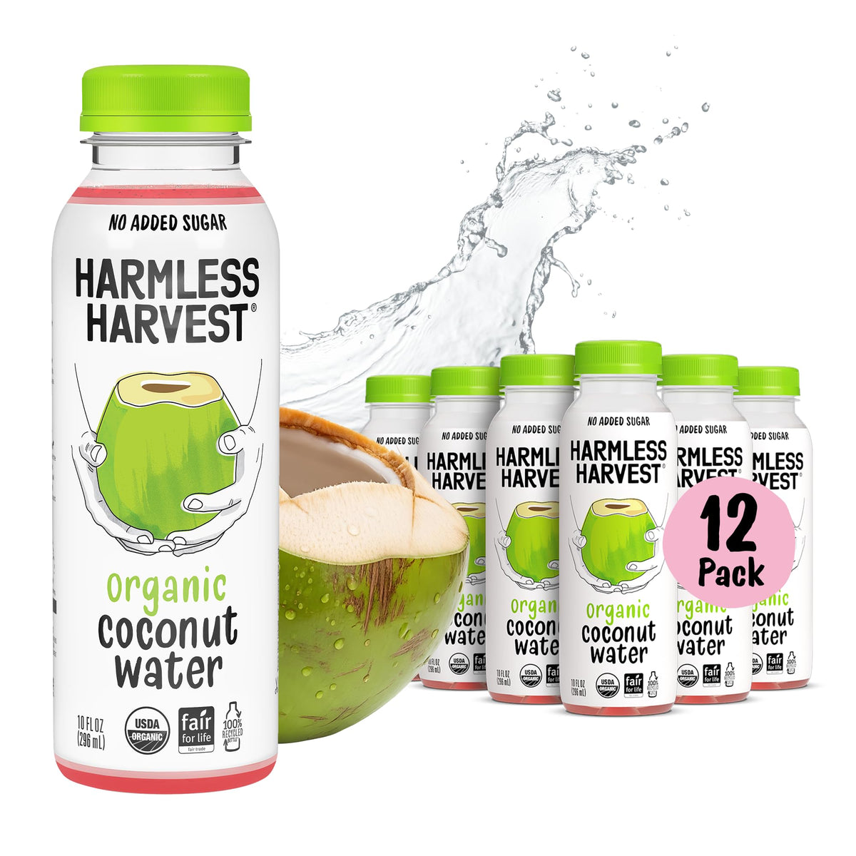 Harmless Harvest front packaging showing 12-pack and organic badge for convenient stocking