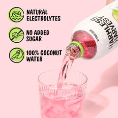 Harmless Harvest poured into glass chilled to show refreshing clarity and ready-to-drink benefit
