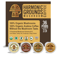 Harmonic Grounds front packaging showing Cozy Classics pods and brand benefits