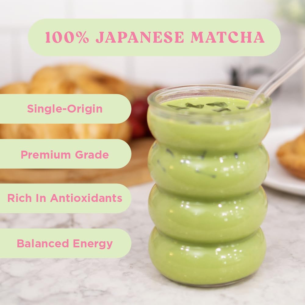 Harmony Proteins iced matcha glass with ice and pink-green hue for refreshment