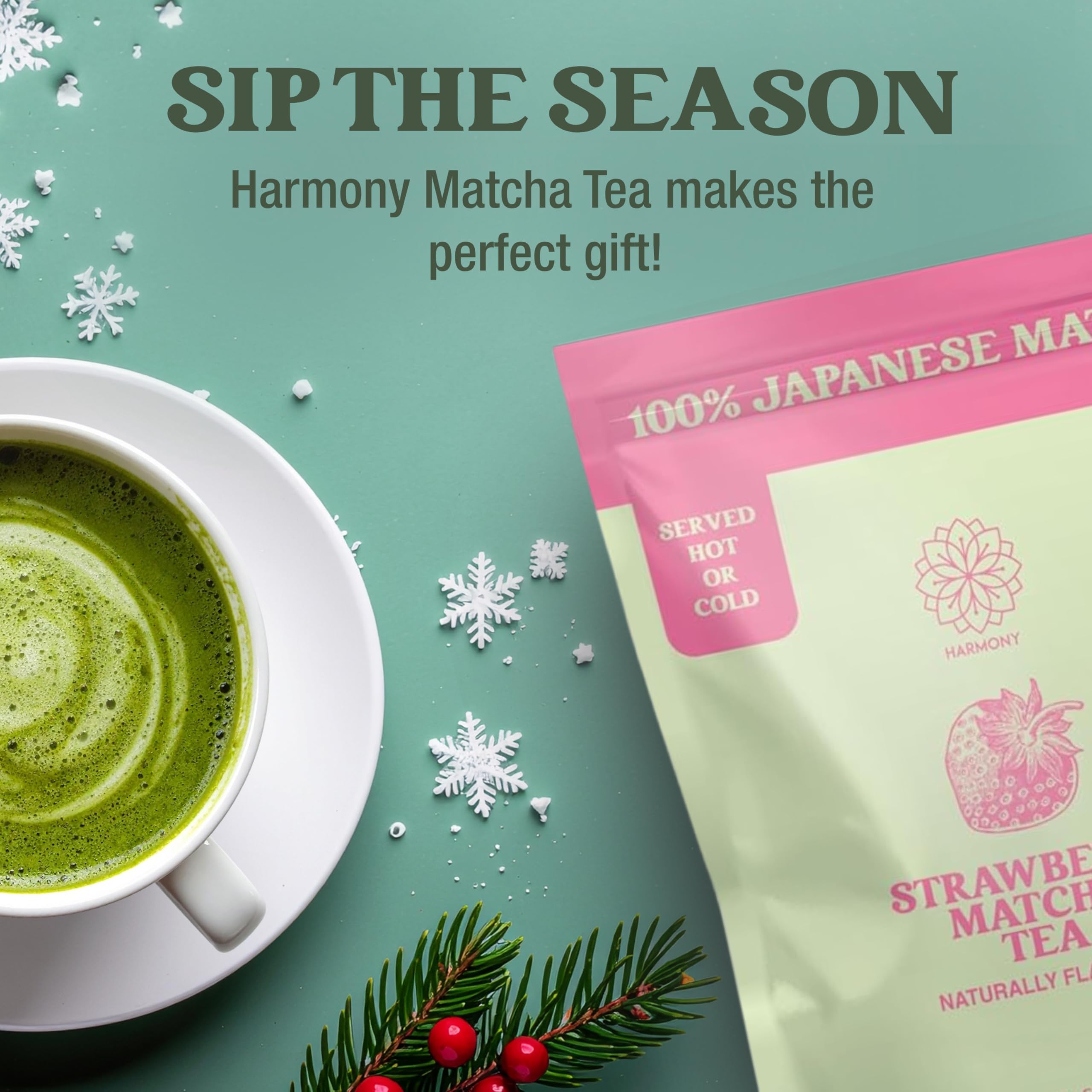 Harmony Proteins powder close-up texture showing fine stone-ground matcha quality