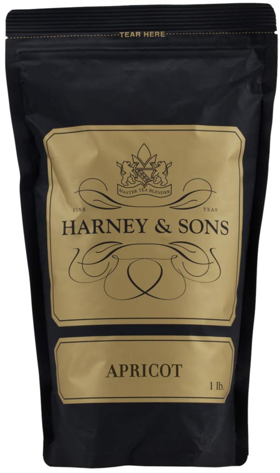 Harney & Sons front packaging showing 16 oz bag and apricot aroma benefits