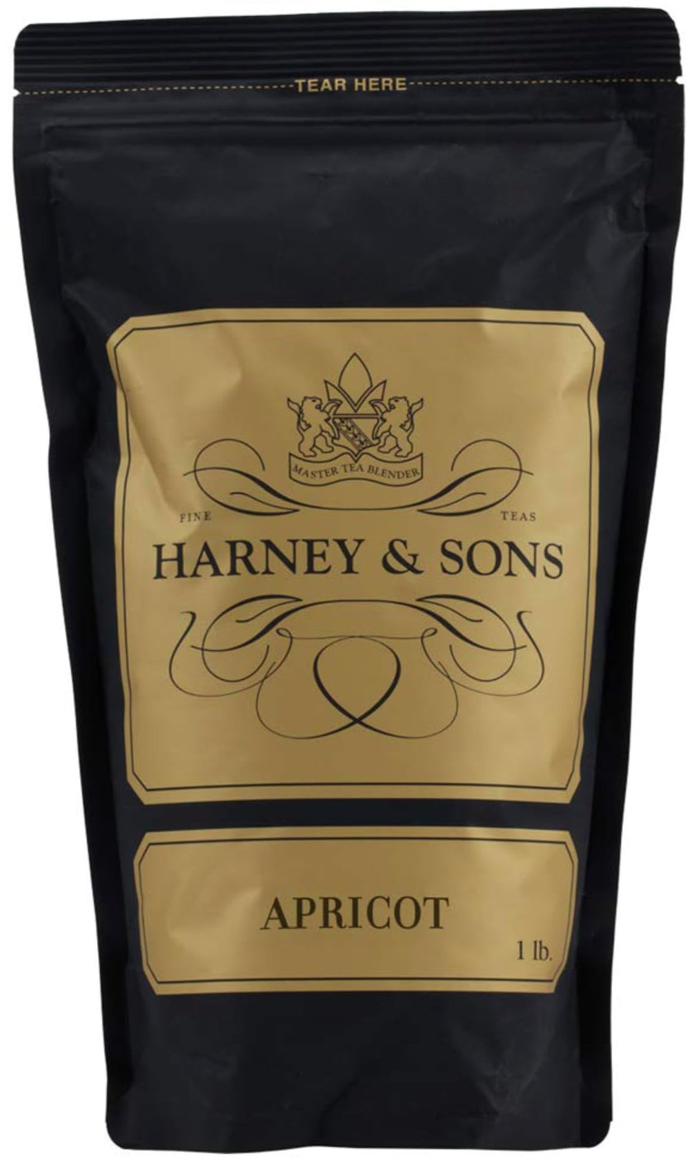 Harney & Sons front packaging showing 16 oz bag and apricot aroma benefits