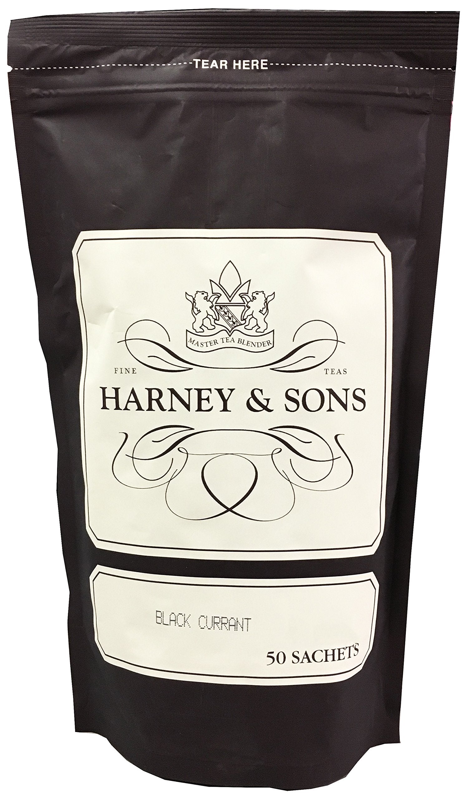 Harney & Sons front packaging showing 50 sachets and resealable bag, clear convenience advantage