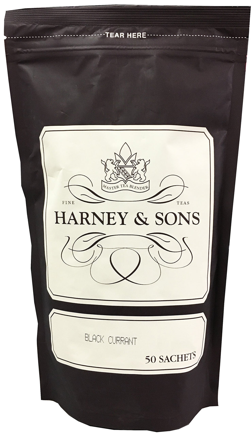 Harney & Sons front packaging showing 50 sachets and resealable bag, clear convenience advantage