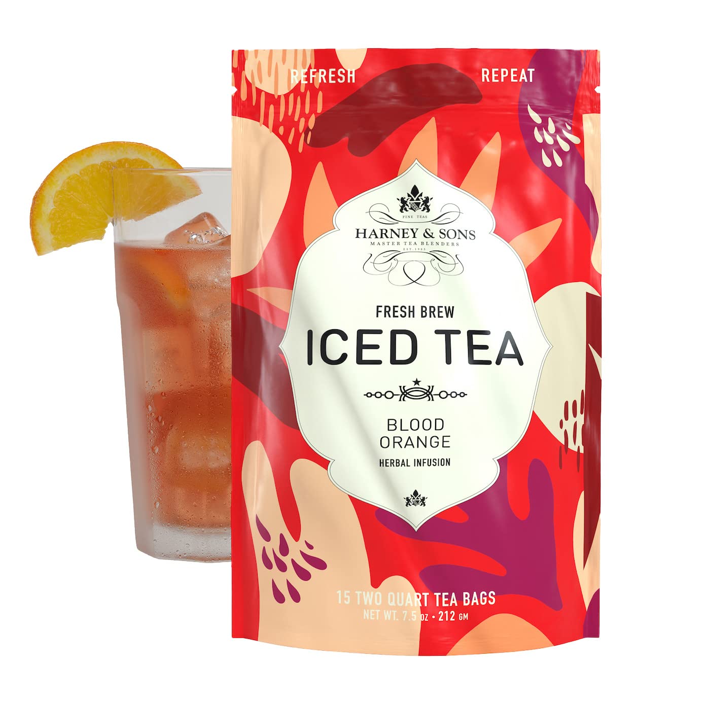 Harney & Sons front packaging of Blood Orange iced tea showing vibrant red color and clear brewing benefit