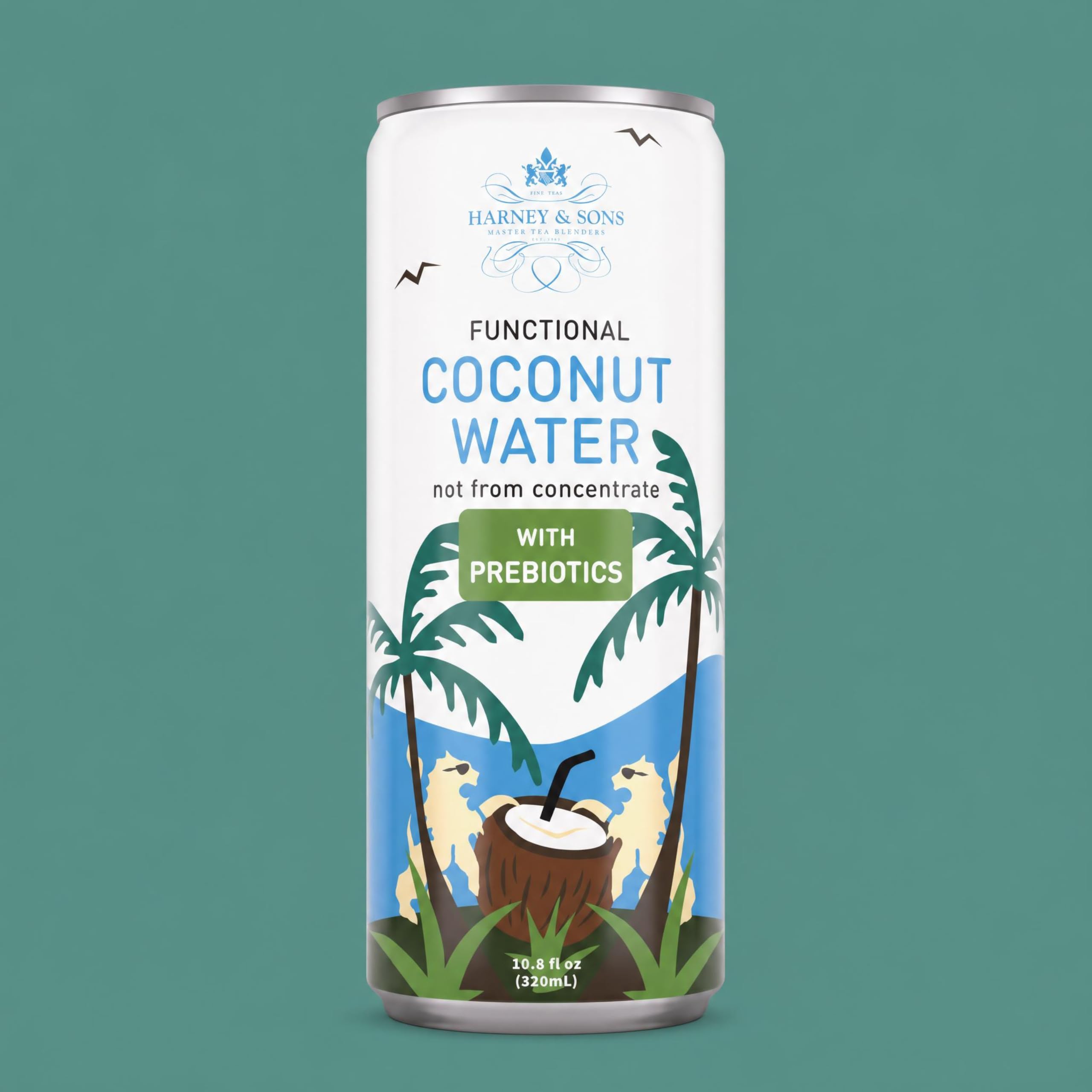 Harney & Sons coconut water can next to a hand and cooling rack showing size and on-the-go refreshment