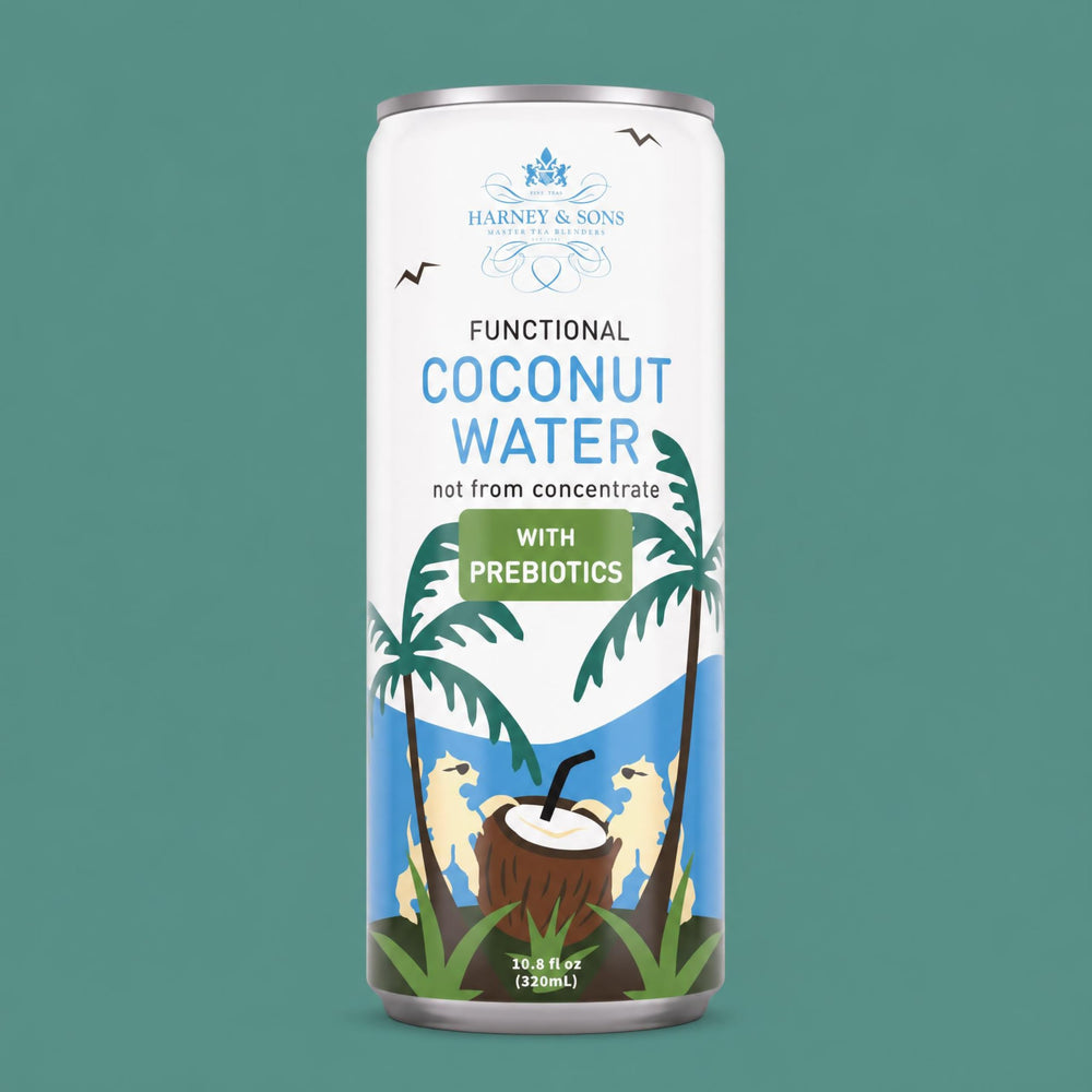 Harney & Sons coconut water can next to a hand and cooling rack showing size and on-the-go refreshment