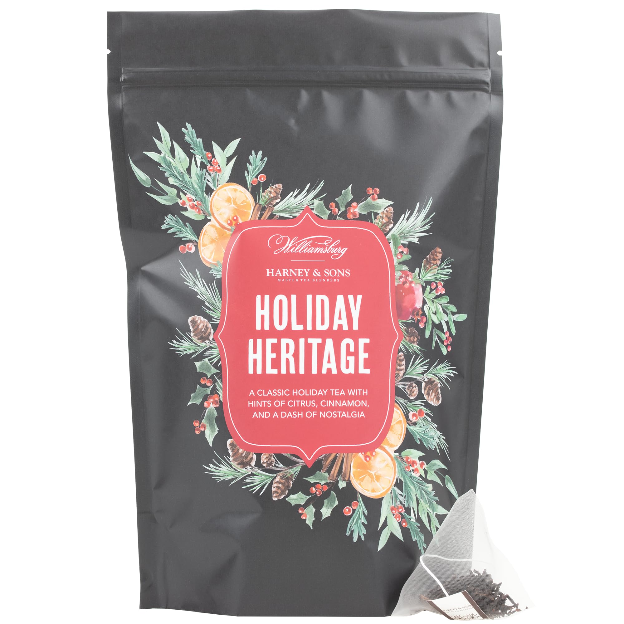 Harney & Sons front packaging showing festive blend and inviting seasonal aroma