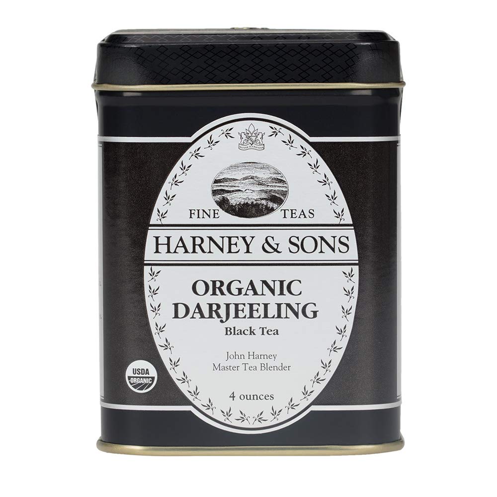 Harney & Sons tin front view showing organic Darjeeling packaging and shelf-ready presentation