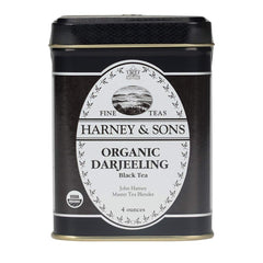 Harney & Sons tin front view showing organic Darjeeling packaging and shelf-ready presentation