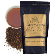 Harney & Sons front packaging showing decaf cinnamon spice blend and serving suggestion benefit: clear labeling