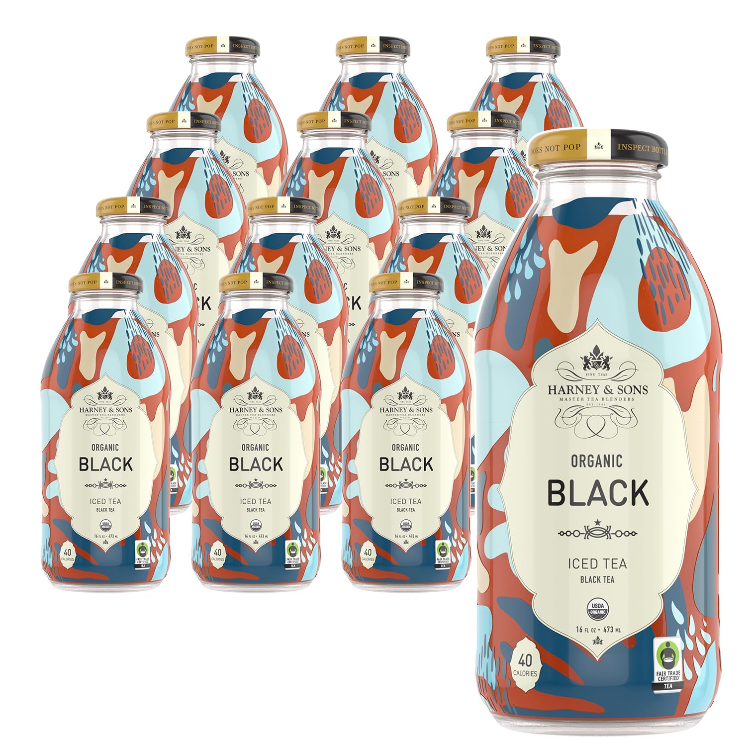 Harney & Sons glass bottle front label showing premium brewed black iced tea benefit