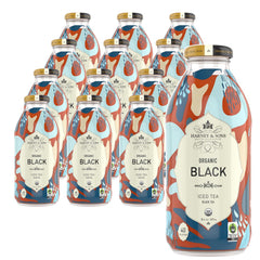 Harney & Sons glass bottle front label showing premium brewed black iced tea benefit