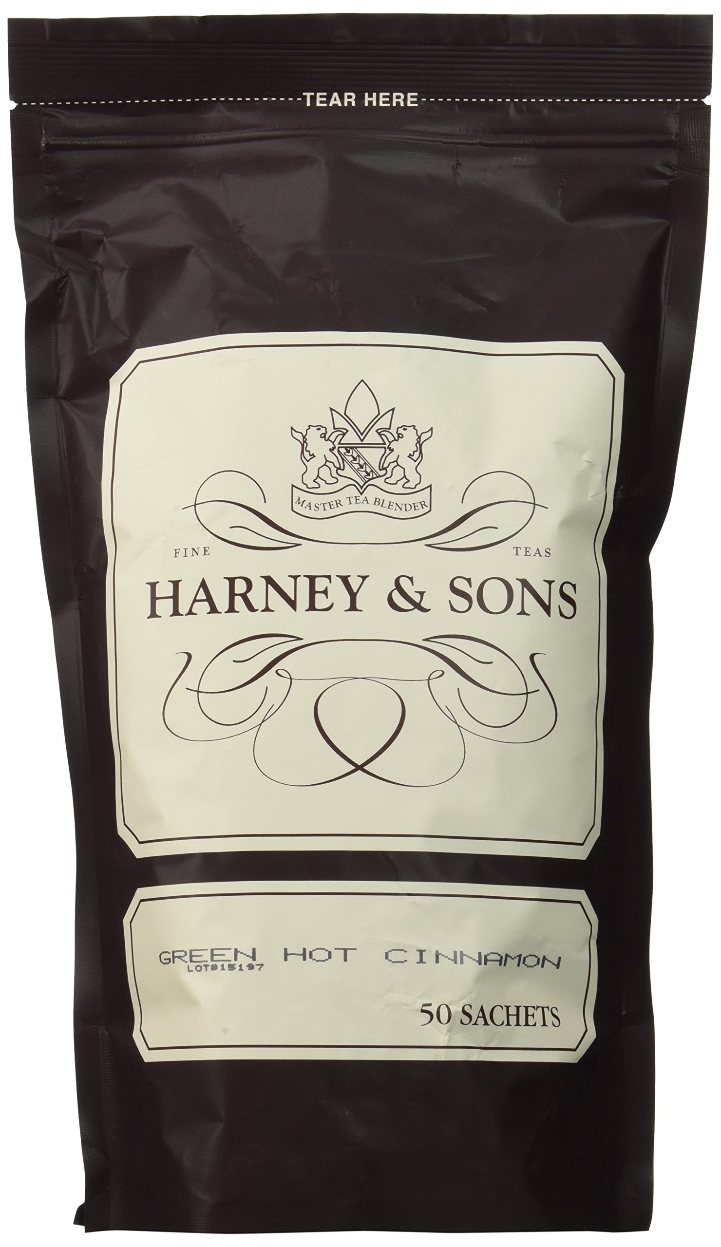 Harney & Sons front packaging showing 50-count sachets and fresh cinnamon aroma benefit