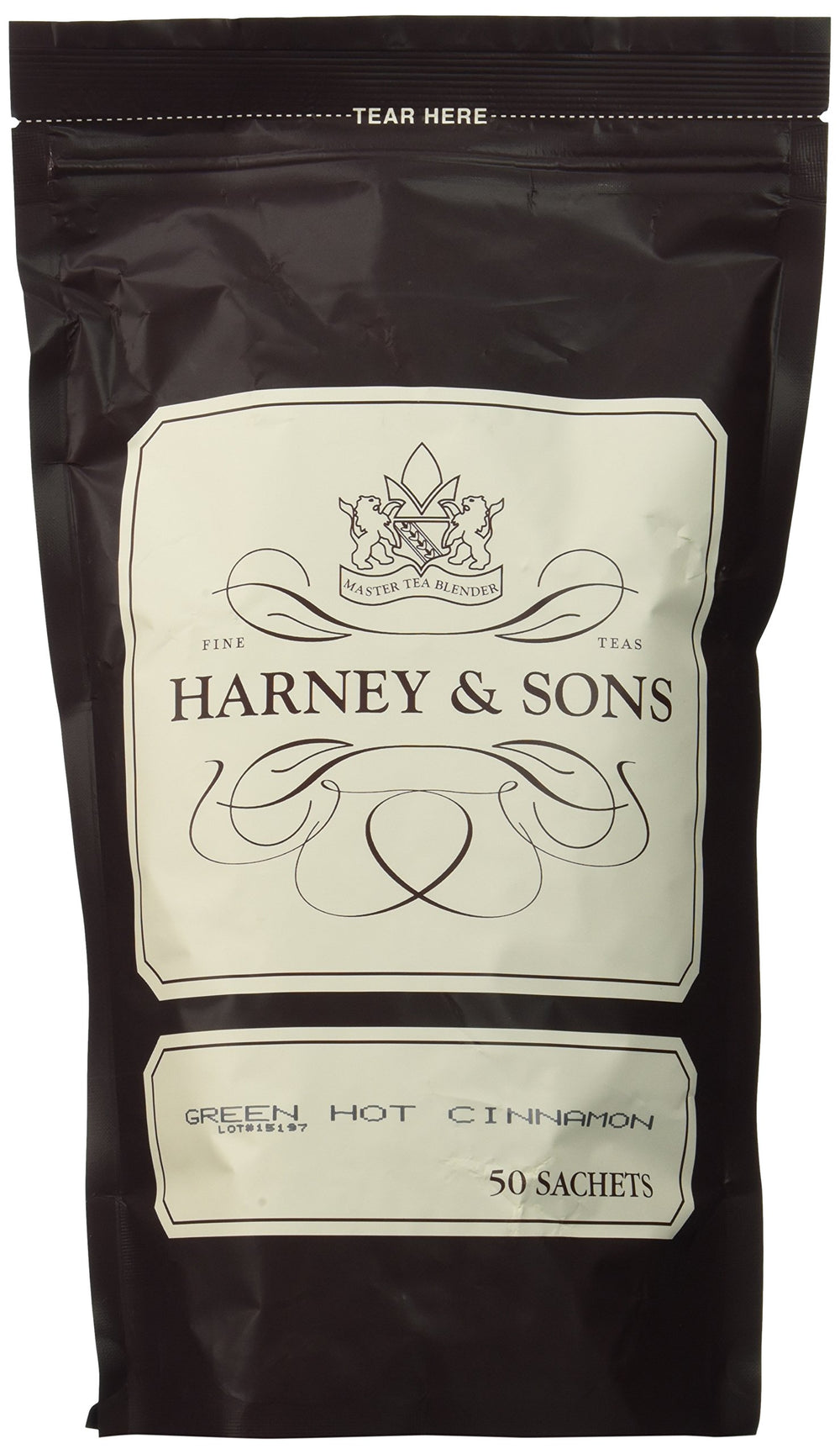Harney & Sons front packaging showing 50-count sachets and fresh cinnamon aroma benefit