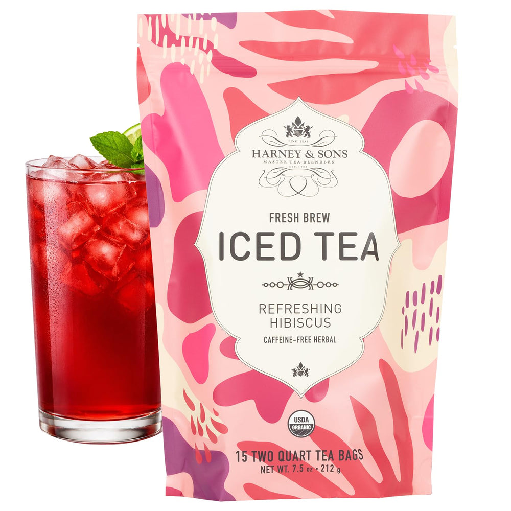 Harney & Sons front pack showing hibiscus pouch and clear pitcher benefit: easy gallon brewing