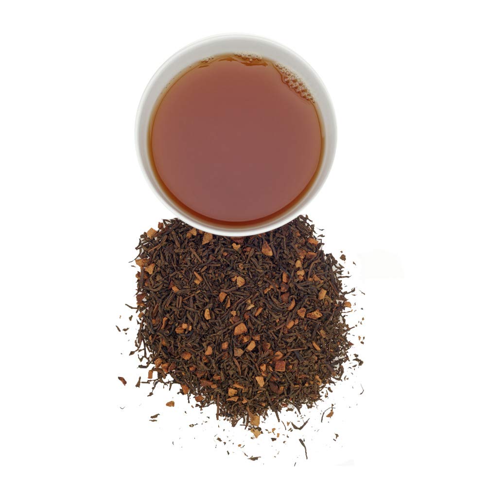 Harney & Sons loose leaf close-up with cinnamon and orange peel highlighting ingredient visibility and aroma