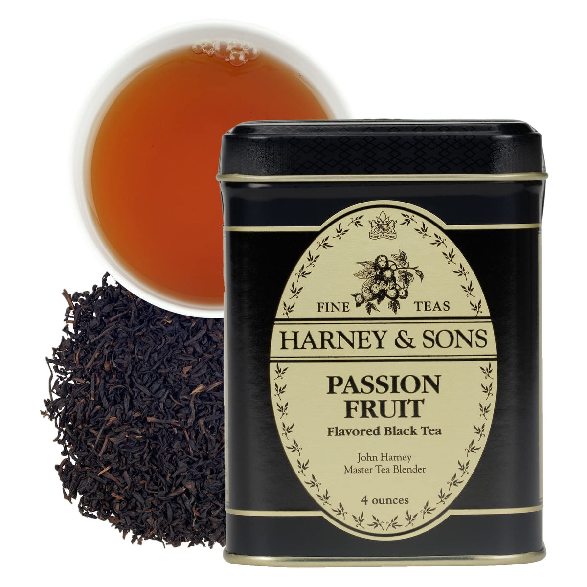 Harney & Sons passion fruit tin front view showing decorative label and compact storage benefit