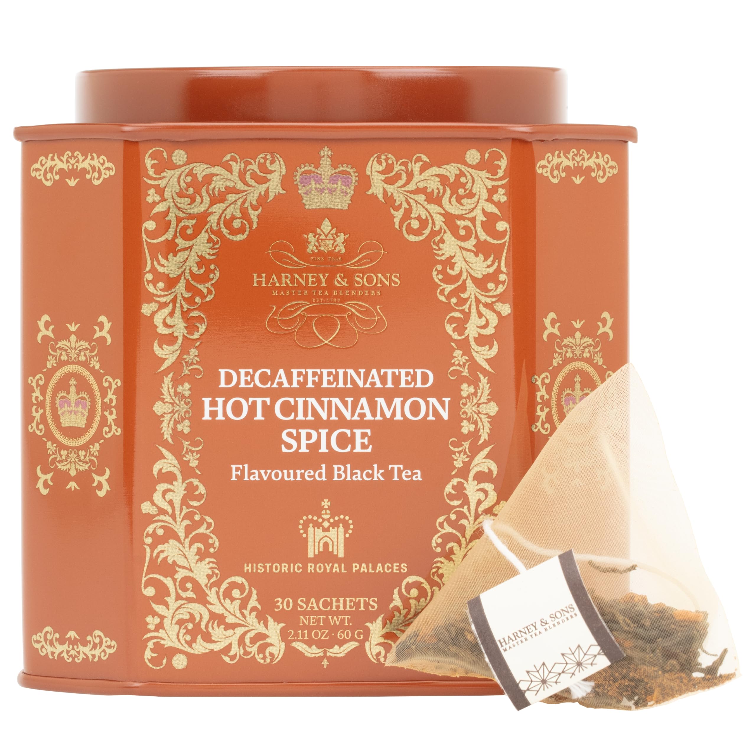 Harney & Sons pyramid sachet close-up revealing tea and spice mix for full infusion