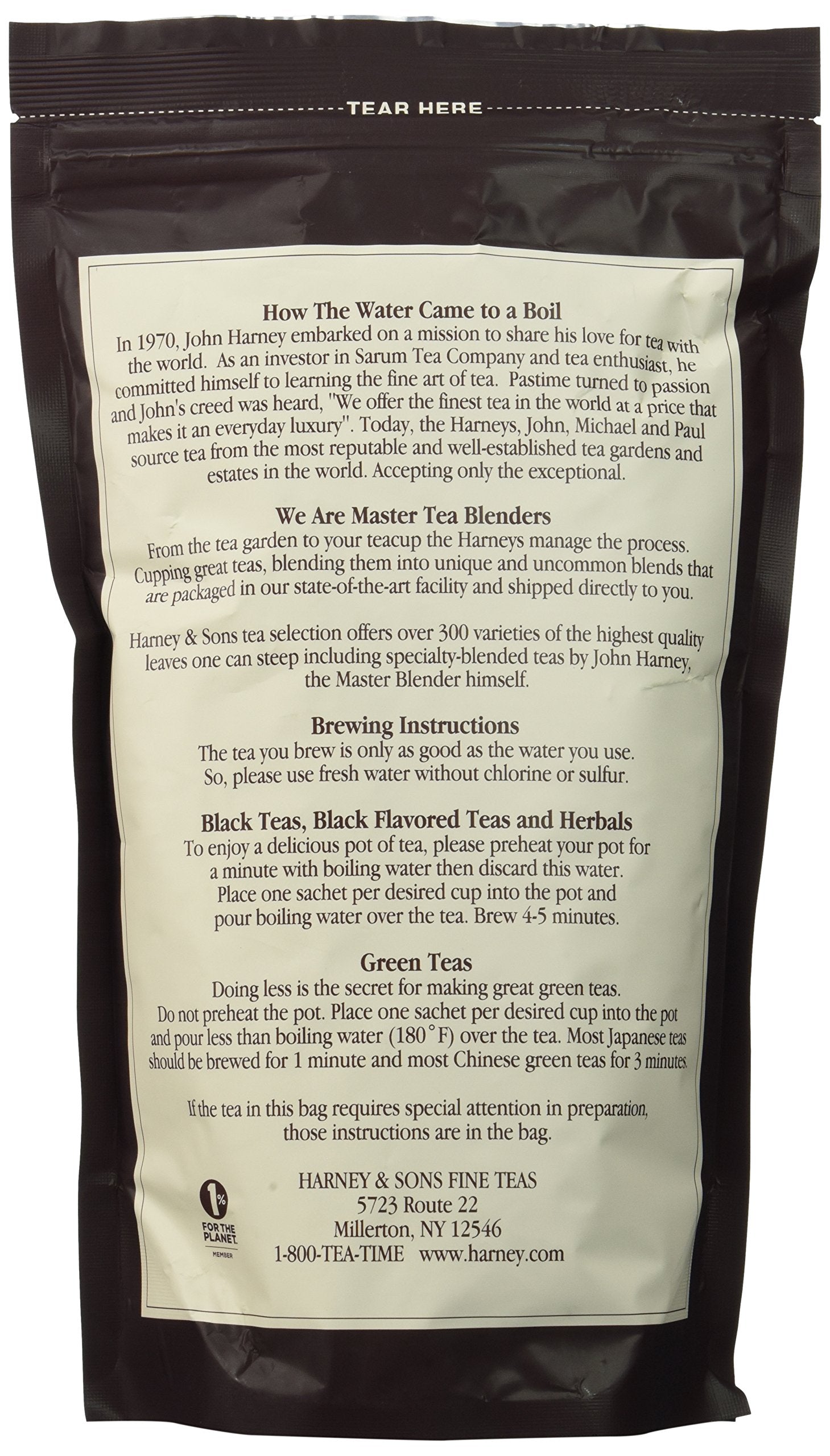Harney & Sons sachet close-up revealing roomy mesh for full-leaf infusion and consistent taste benefit