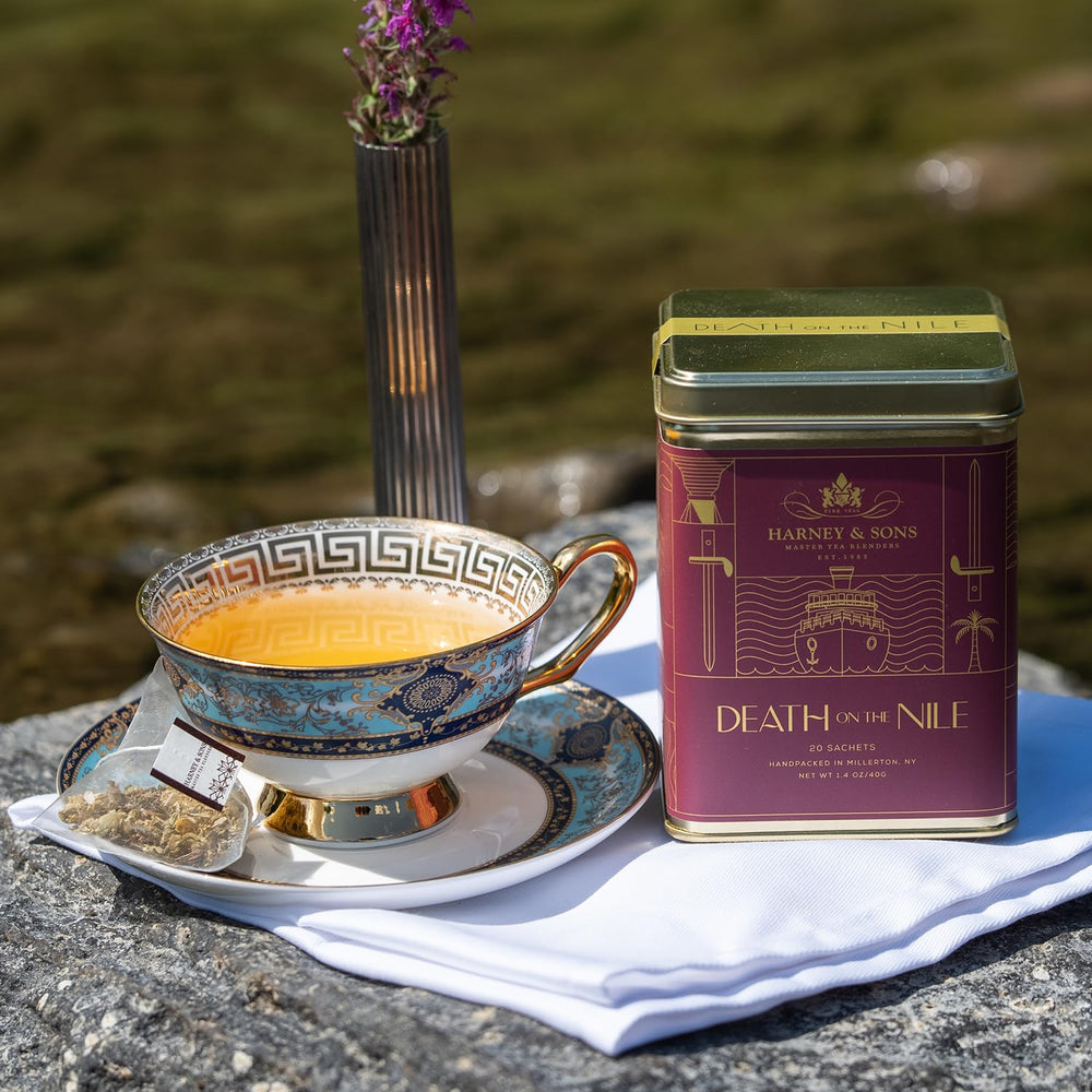 Harney & Sons pyramid sachet steeping in cup releasing aroma for a relaxing cup
