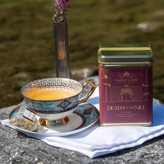 Harney & Sons pyramid sachet steeping in cup releasing aroma for a relaxing cup