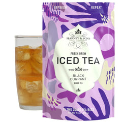 Harney & Sons front pack showing black currant iced tea and volume info, clear serving benefit