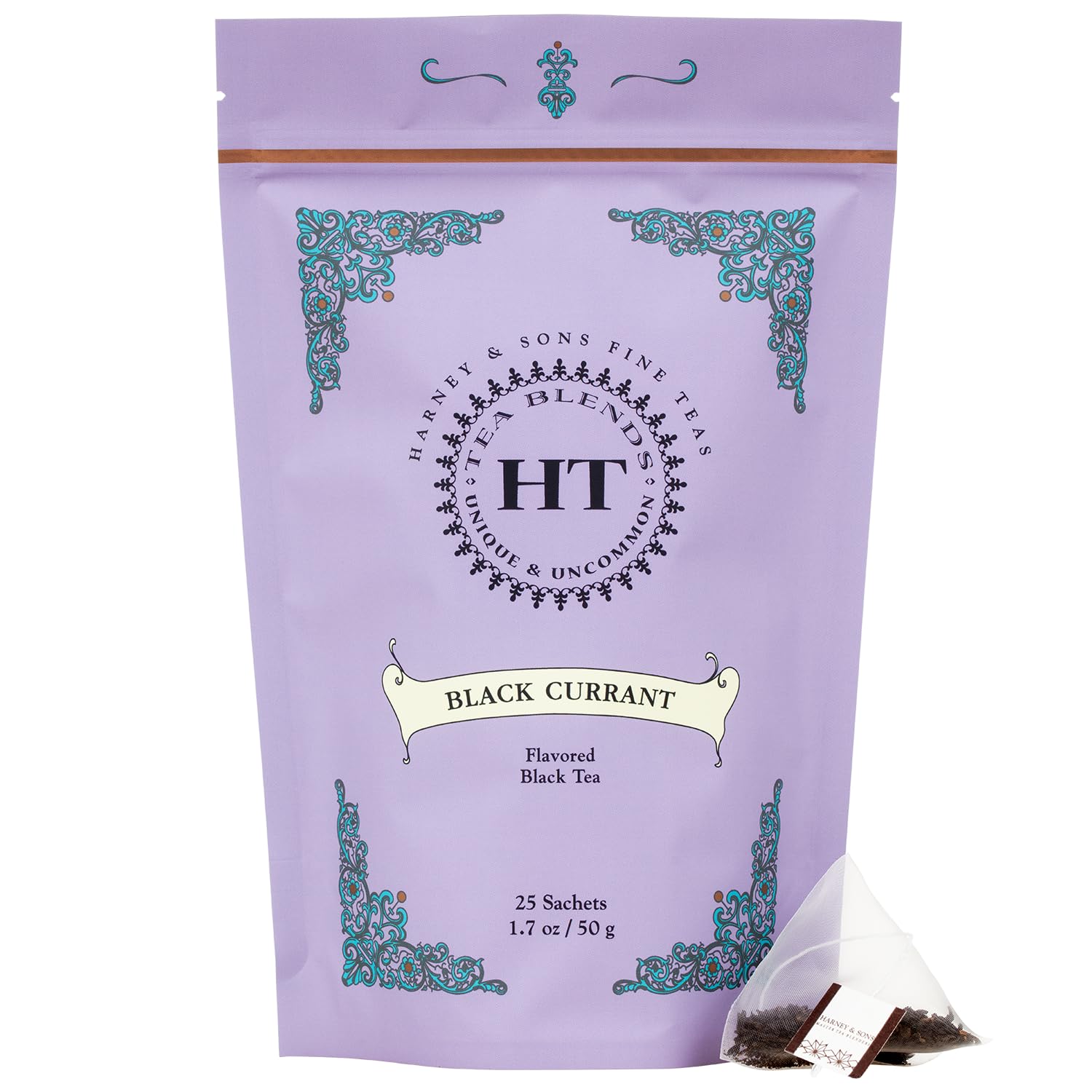 Harney & Sons front packaging showing resealable bag and 25 sachets, clear branding and benefit