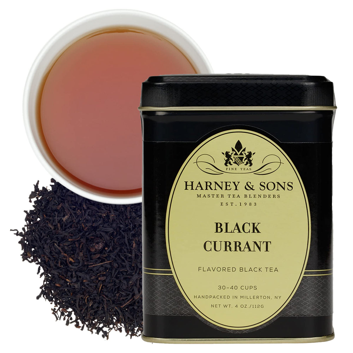 Harney & Sons tin front view showing brand and black currant tea for convenient storage