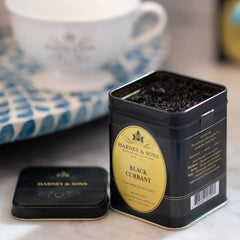 Harney & Sons black currant iced tea poured in glass offering refreshing berry flavor