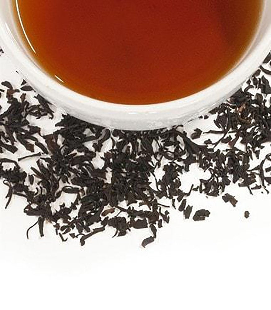 Harney & Sons loose leaf close-up revealing leaf texture and visible currant notes