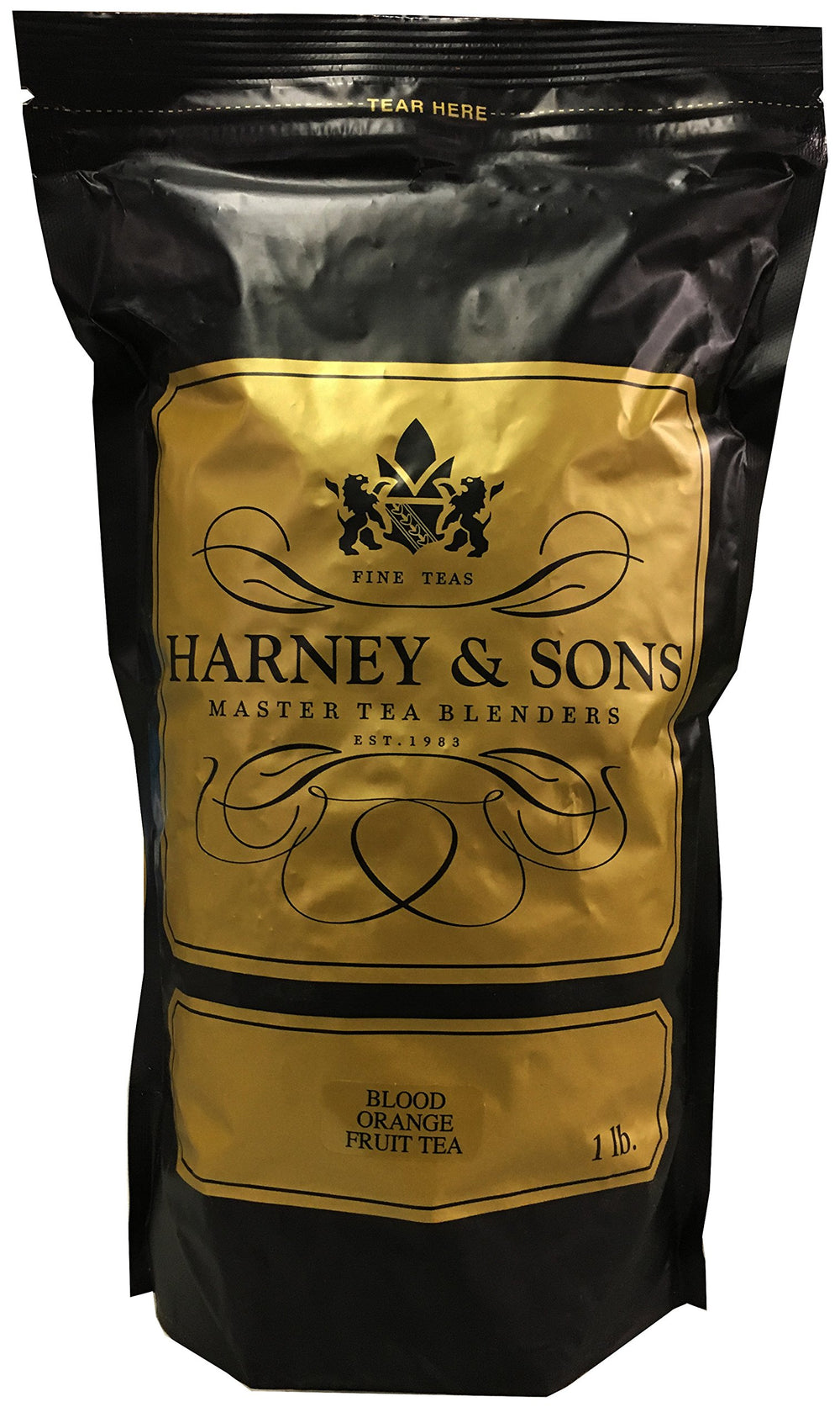 Harney & Sons front packaging of blood orange tea showing brand and 16 oz pouch, promotes multiple servings