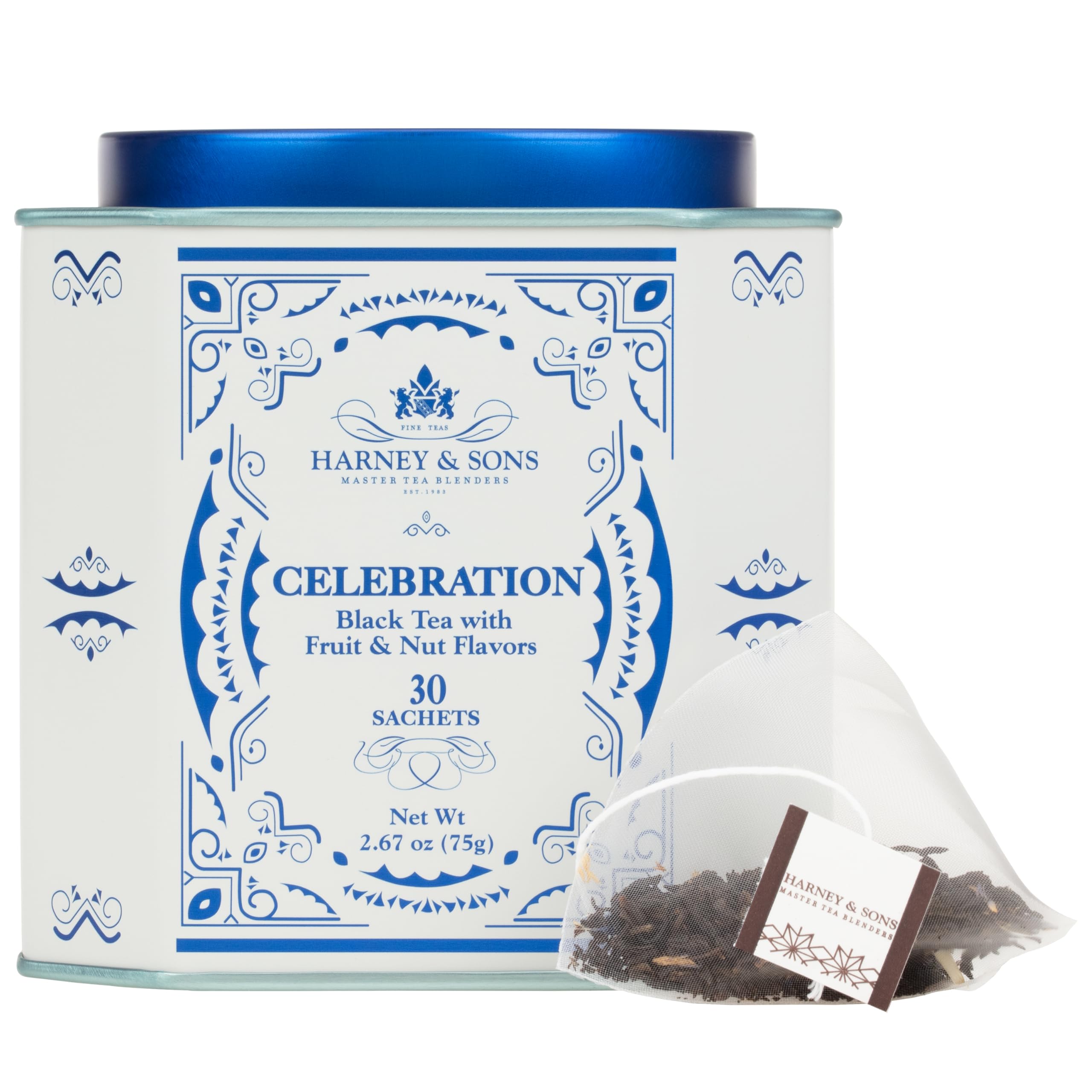 Harney & Sons celebration sachet close-up revealing tea pieces and flavor notes for easy brewing