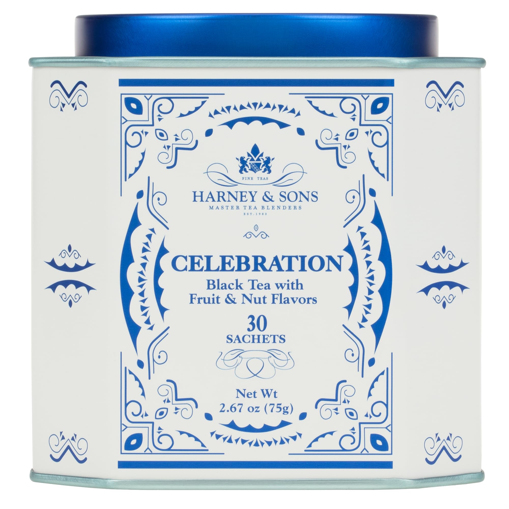 Harney & Sons celebration tin front showing festive label and 30 sachets benefit gift-ready packaging