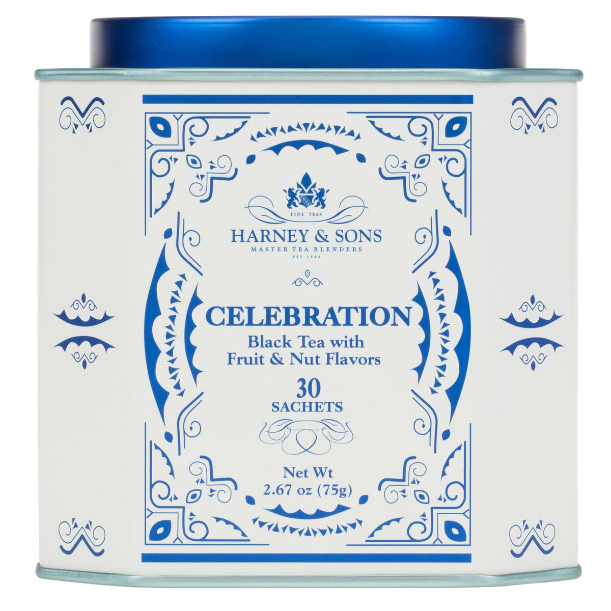Harney & Sons celebration tin front showing festive label and 30 sachets benefit gift-ready packaging