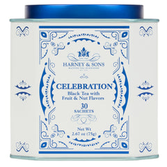 Harney & Sons celebration tin front showing festive label and 30 sachets benefit gift-ready packaging