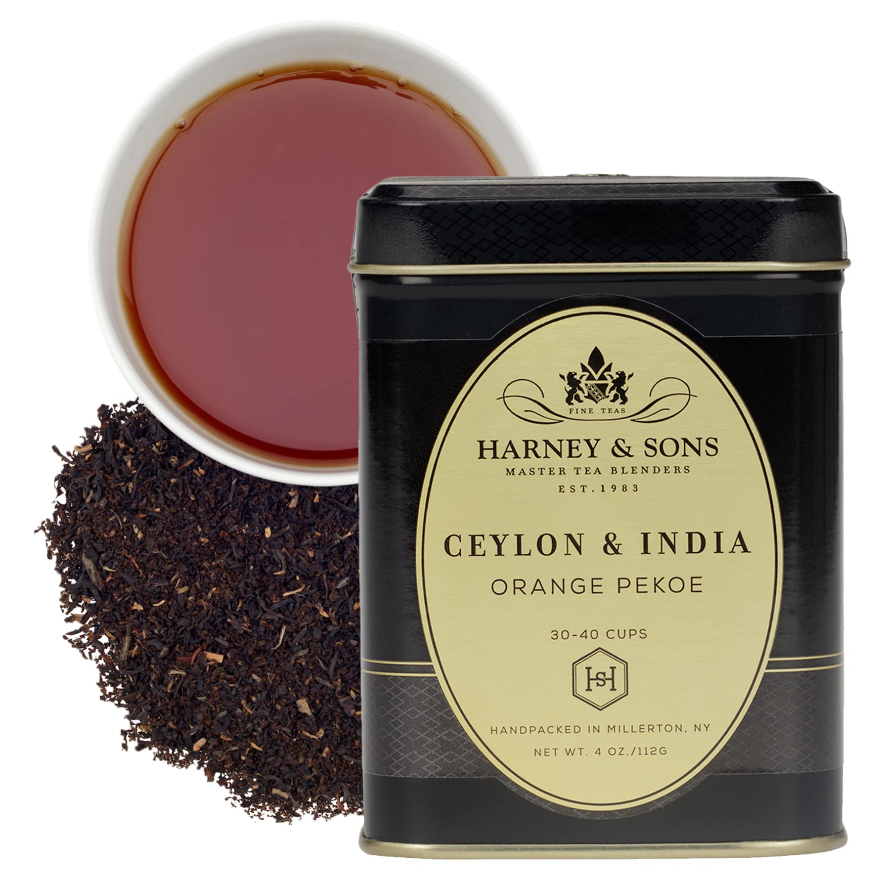 Harney & Sons tin front view showing brand and decorative label, protects freshness