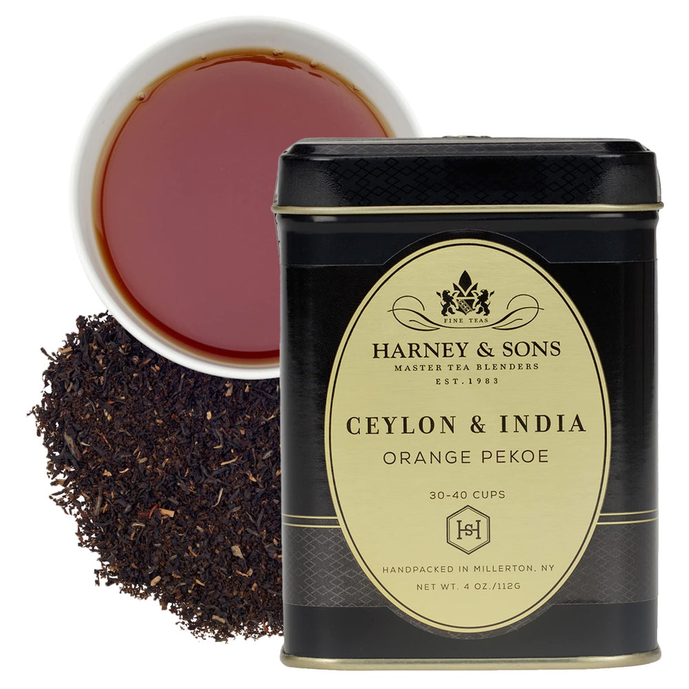 Harney & Sons tin front view showing brand and decorative label, protects freshness