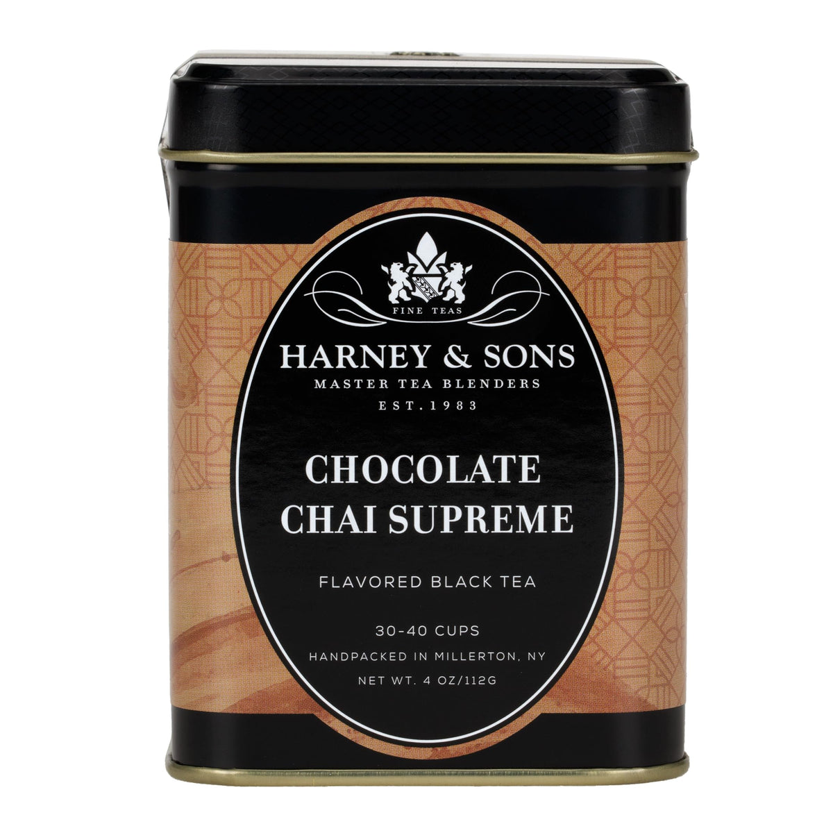 Harney & Sons front tin showing Chocolate Chai Supreme and gift-ready design