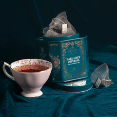 Harney & Sons brewed cup in a cozy setting illustrating bright bergamot aroma and relaxing sip