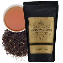 Harney & Sons Darjeeling bag front view showing resealable packaging for freshness