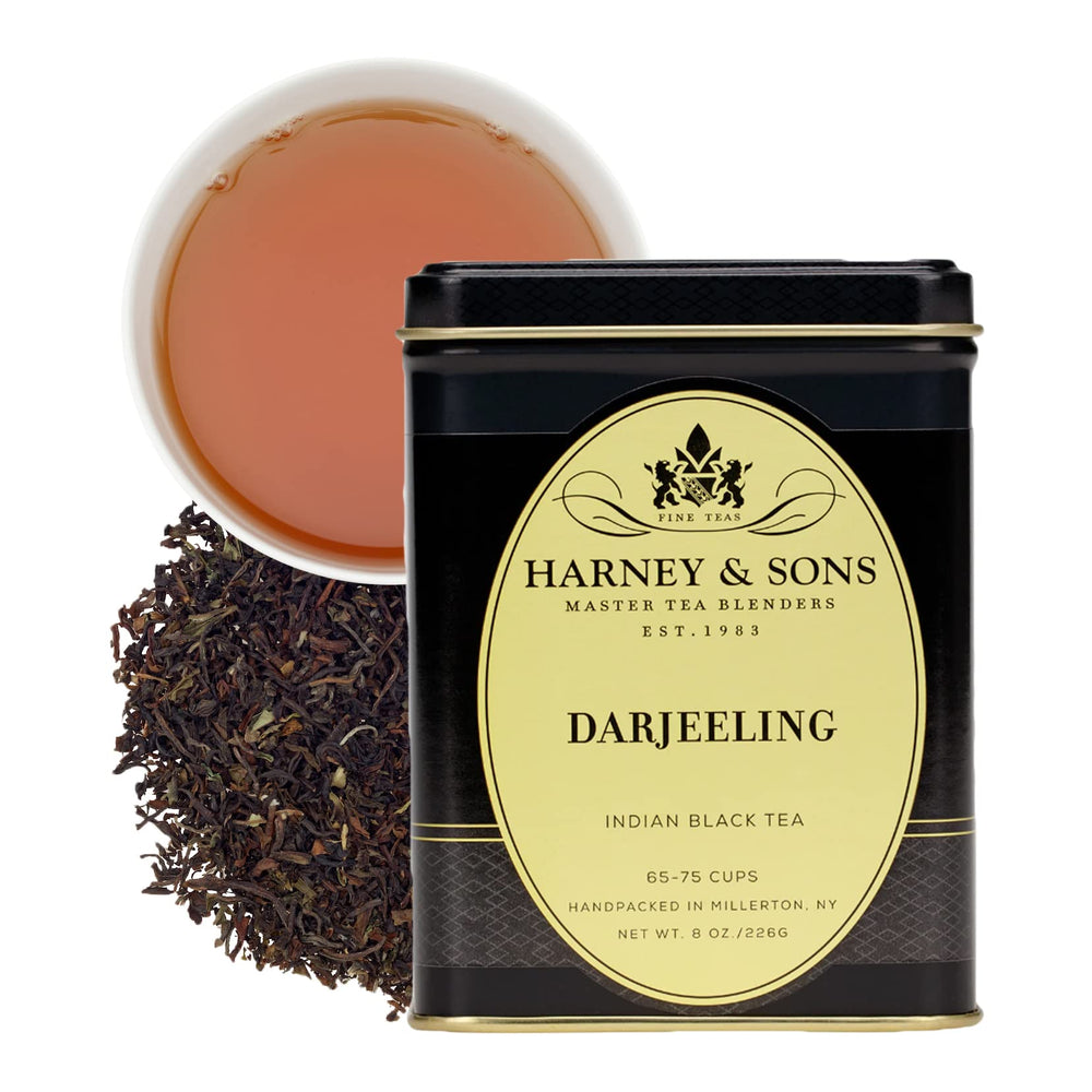Harney & Sons tin front view showing label and elegant design, adds storage convenience