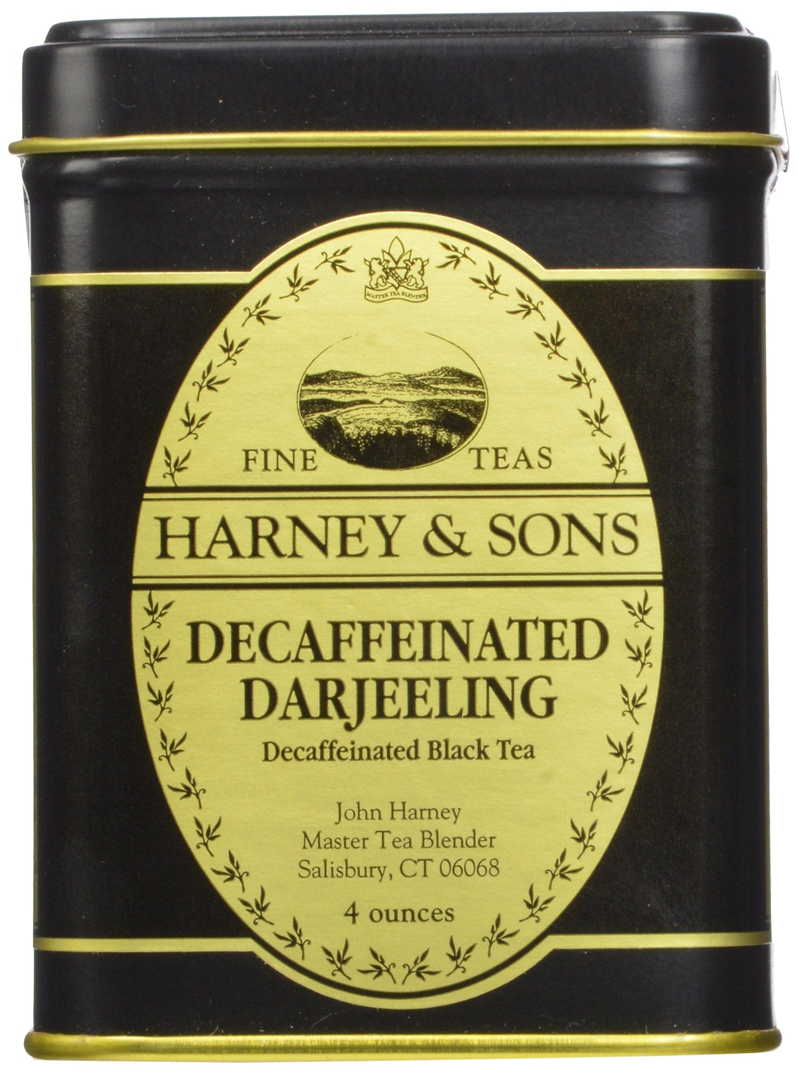 Harney & Sons front tin showing decaffeinated Darjeeling label and storage benefit