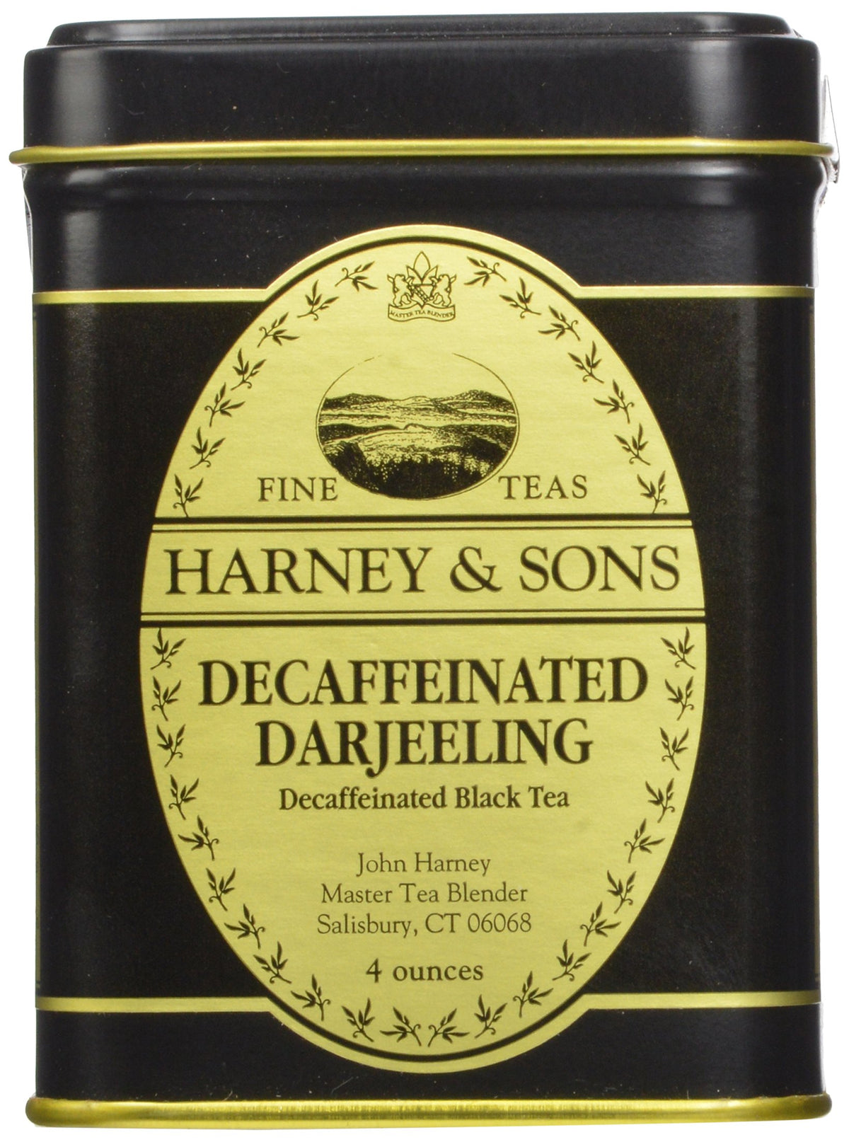 Harney & Sons front tin showing decaffeinated Darjeeling label and storage benefit