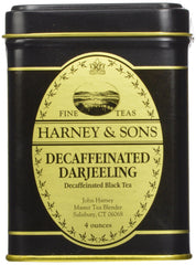 Harney & Sons front tin showing decaffeinated Darjeeling label and storage benefit