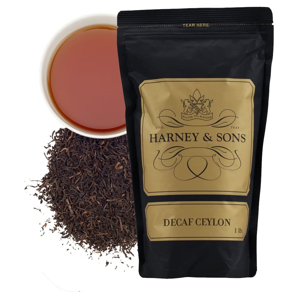 Harney & Sons decaf Ceylon front packaging showing the 16 oz bag and label benefit